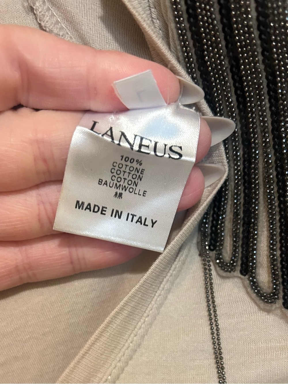 LANEUS Women's Embellished V-Neck NWT in Light Gray Made in Italy 100% Cotton L - Picture 7 of 8